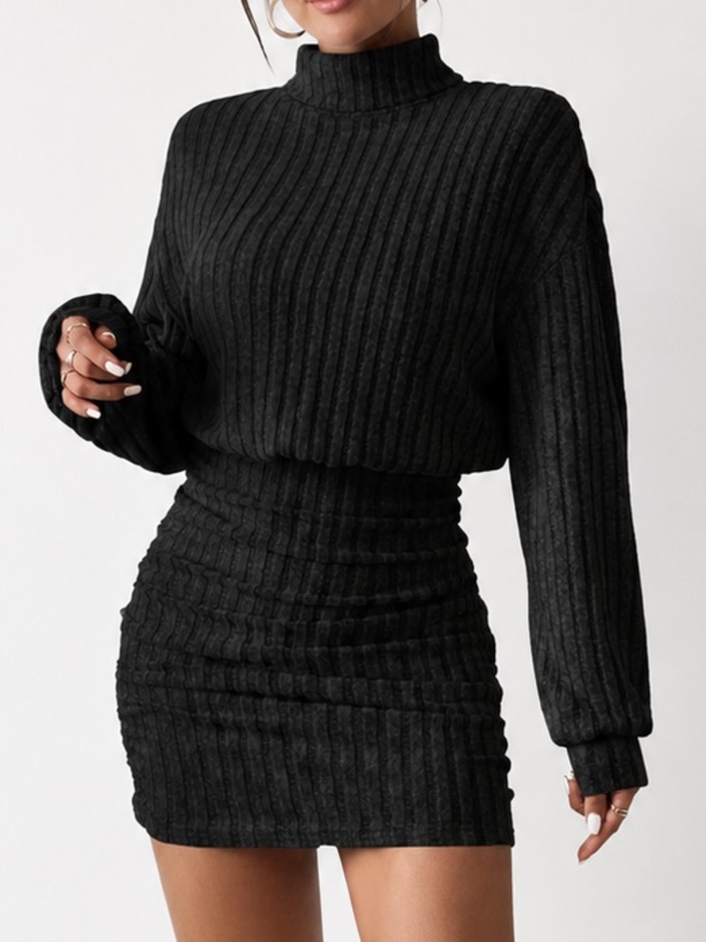 Chic Black Ribbed Turtleneck Sweater Dress Ruched Asymmetrical Hem Bodycon Small